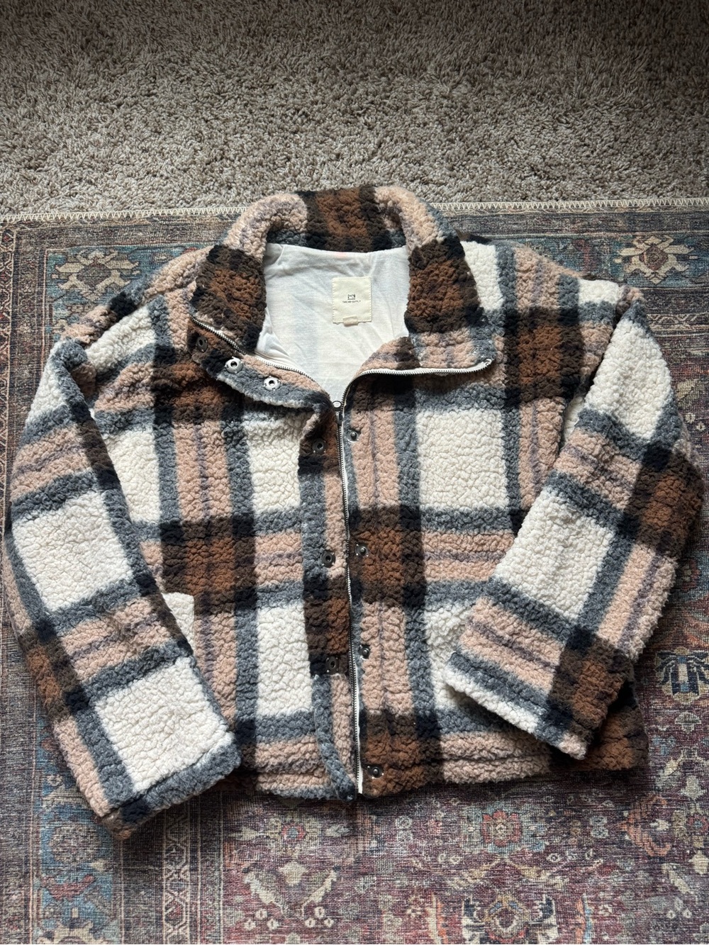 Thread & Supply Plaid Sherpa Puffer Jacket - Cream, Brown & Gray